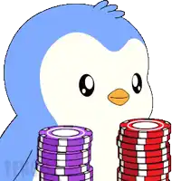 a penguin holding a stack of poker chips with the word penguin on the bottom
