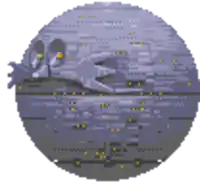 a pixel art drawing of a space ship in a circle .