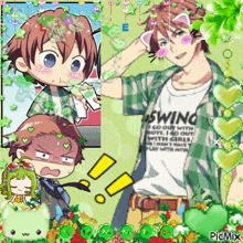 a boy wearing a shirt that says swing on it