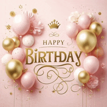 a pink and gold birthday greeting card with pink and gold balloons