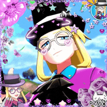 a picture of a girl wearing glasses and a top hat with hearts on it