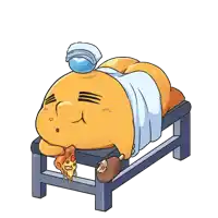 a cartoon character is laying on a bed with a bottle of water on top of his head