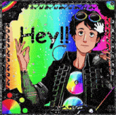 a picture of a boy with a rainbow background and the word hey written on it
