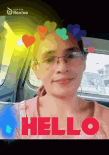 a woman wearing glasses is sitting in a car with hearts on her head and the word hello in red