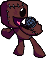 a cartoon character is holding a microphone and has stitches on his face