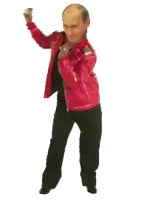 a bald man in a red jacket and black pants dancing