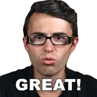 a man wearing glasses says great in front of him
