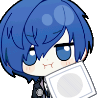 a cartoon character with blue hair is holding a white square