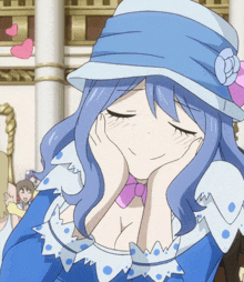 a girl with blue hair wearing a blue hat