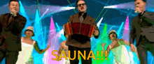 a man is playing an accordion in front of a group of people and the word sauna is on the screen