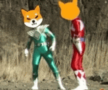 a dog in a green suit is standing next to a red ranger .