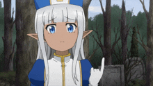 a girl with white hair and blue ears is pointing at something