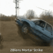 a blurred image of a blue car with the words " 2 lens mortar strike " below it
