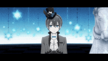 a boy in a top hat and bow tie stands in front of a white horse