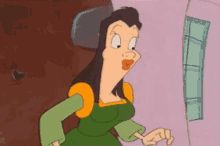 a woman in a green dress is standing in front of a window in a cartoon .