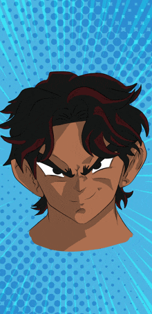 a cartoon drawing of a man with red hair and a blue background