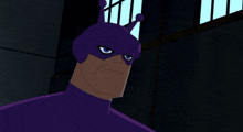 a cartoon character with blue eyes and a purple headpiece