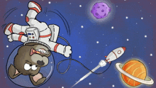 a cartoon drawing of a dog in an astronaut suit flying through space