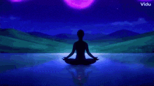a silhouette of a person in a lotus position in front of a purple light
