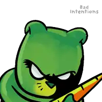 a cartoon bear holding a carrot with the words bad intentions written below it