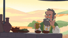 a cartoon drawing of a man with a beard and mustache holding a cup