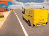 a yellow taxi van is driving down a road
