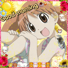a picture of a girl that says good morning on it