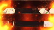 a man and a woman are looking at each other through a fence with flames behind them
