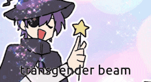 a cartoon of a wizard holding a wand with the words " transgender beam " on the bottom