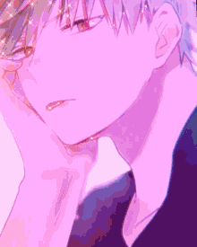 a close up of a person 's face with a purple and pink background