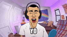 a cartoon of a man wearing headphones with yo on his shirt