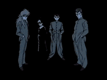 a group of anime characters standing in a dark room