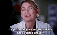 greys anatomy meredith grey its just apple juice and cookies but shes excited about it apple juice