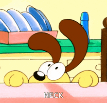 a cartoon dog is looking over a table and the word heck is on the bottom right