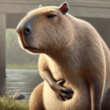 a close up of a capybara 's face with its eyes closed