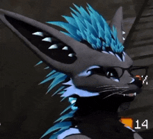 a close up of a furry character wearing glasses and a blue spiky hair .