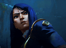 a woman with blue hair and a gold badge on her shoulder