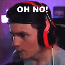 a man wearing headphones with the words oh no written on it