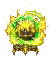 a green and gold object with a red center and a circle around it