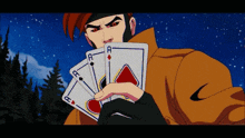 a cartoon character holding four aces in their hand