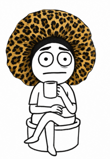 a cartoon character wearing a leopard print hat sits on a toilet holding a cup of coffee