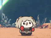 a cartoon of a girl wearing boxing gloves is standing in the desert .