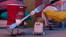 a can of hickory smoked sausage is being held by a cartoon character