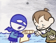a cartoon of a boy in a blue mask talking to another boy in a brown shirt