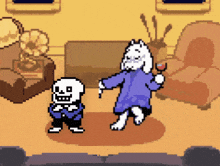 a pixel art of a skeleton and a cat dancing