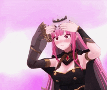 a girl with pink hair is wearing a tiara