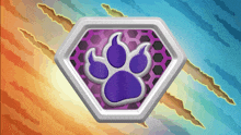 a purple paw print in a silver circle on a colorful background