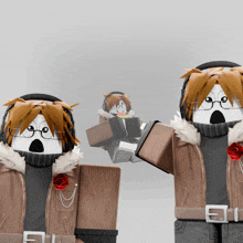 two roblox characters are standing next to each other with one holding a stuffed animal