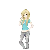 a pixel art drawing of a girl wearing ripped jeans and a blue shirt