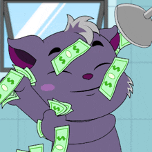 a cartoon of a cat holding a shower head and a bunch of money